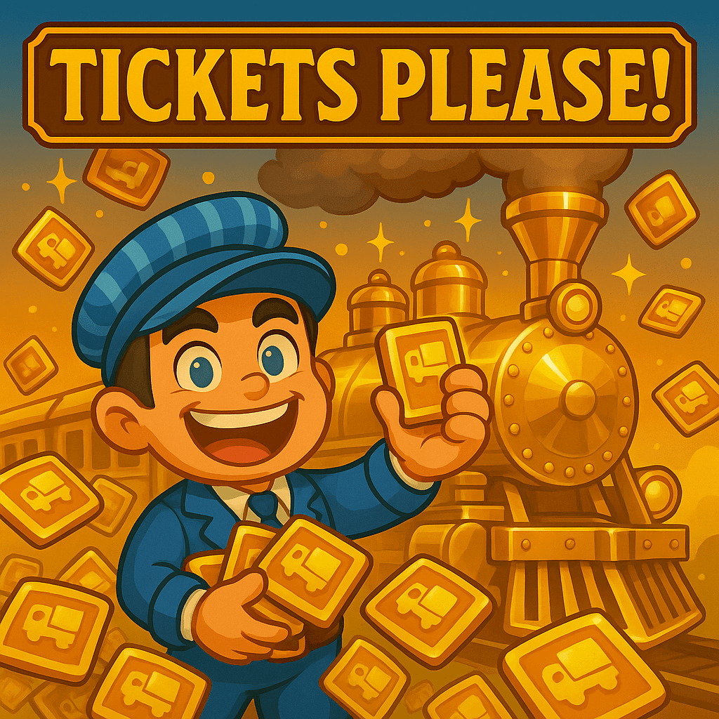 Cartoon train conductor in a blue uniform smiling and holding golden tickets, standing in front of a golden steam locomotive, with more tickets floating around and the large text 'TICKETS PLEASE!' above.