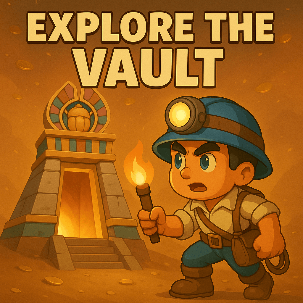 Cartoon explorer character with a torch and mining helmet stands in front of an Egyptian-inspired vault entrance, surrounded by scattered gold coins, with large text reading 'EXPLORE THE VAULT' above.