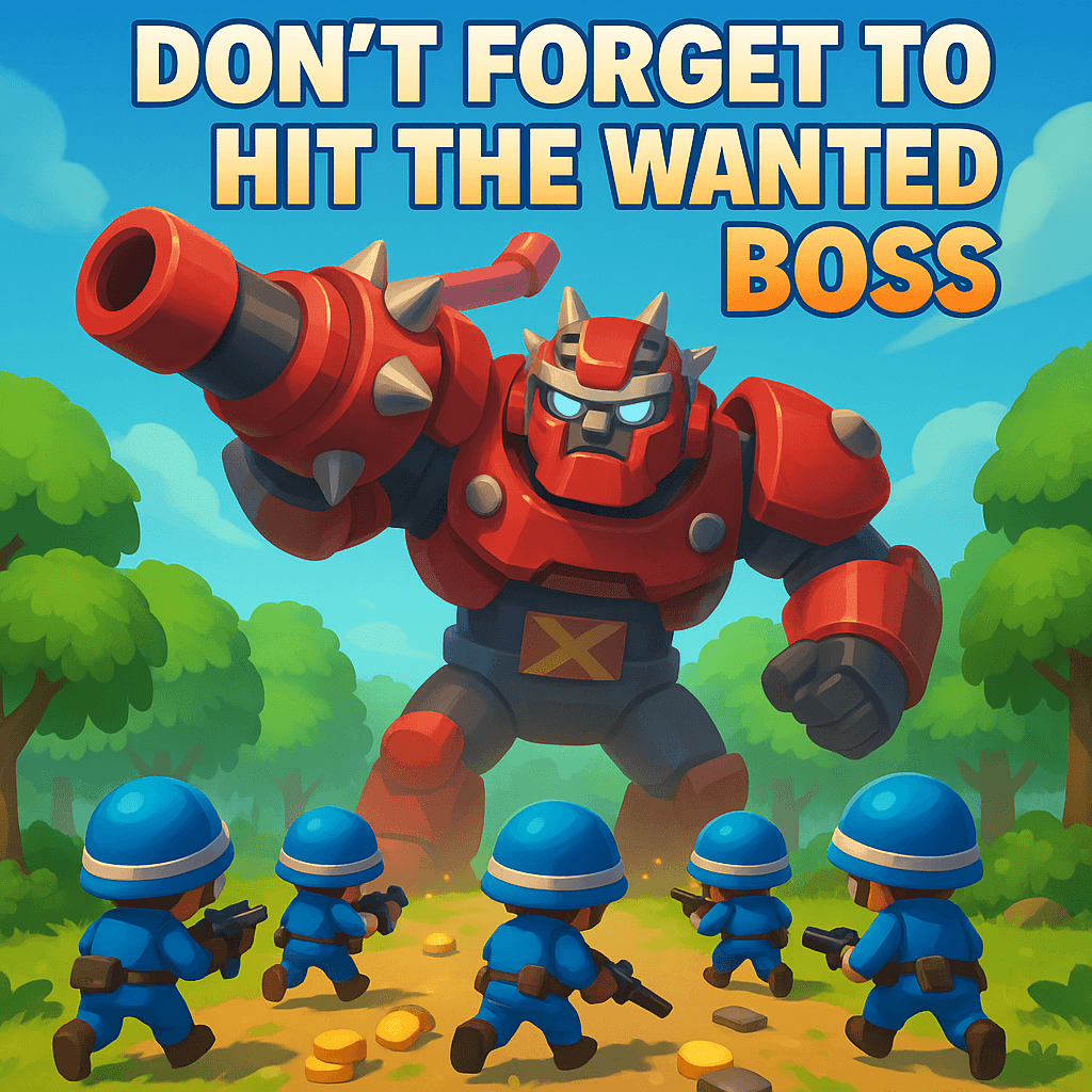 A large red robotic boss with spikes and a cannon arm faces five blue-helmeted soldiers with guns in a forest. Gold coins are scattered on the ground, and the text 'DON'T FORGET TO HIT THE WANTED BOSS' appears at the top.