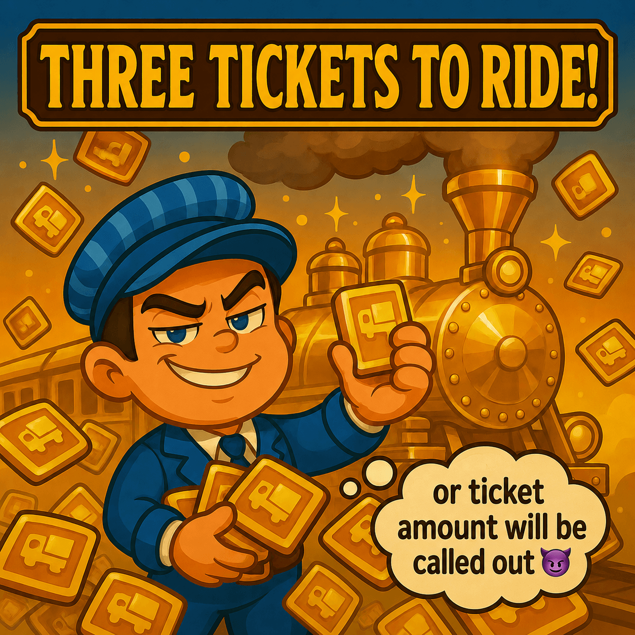 Cartoon train conductor in uniform holds up three golden tickets in front of a steam locomotive, with tickets floating around and the text 'THREE TICKETS TO RIDE!' above. A speech bubble from the conductor says 'or ticket amount will be called out' with a purple devil emoji. The scene is colorful and playful, emphasizing a train and ticket theme.