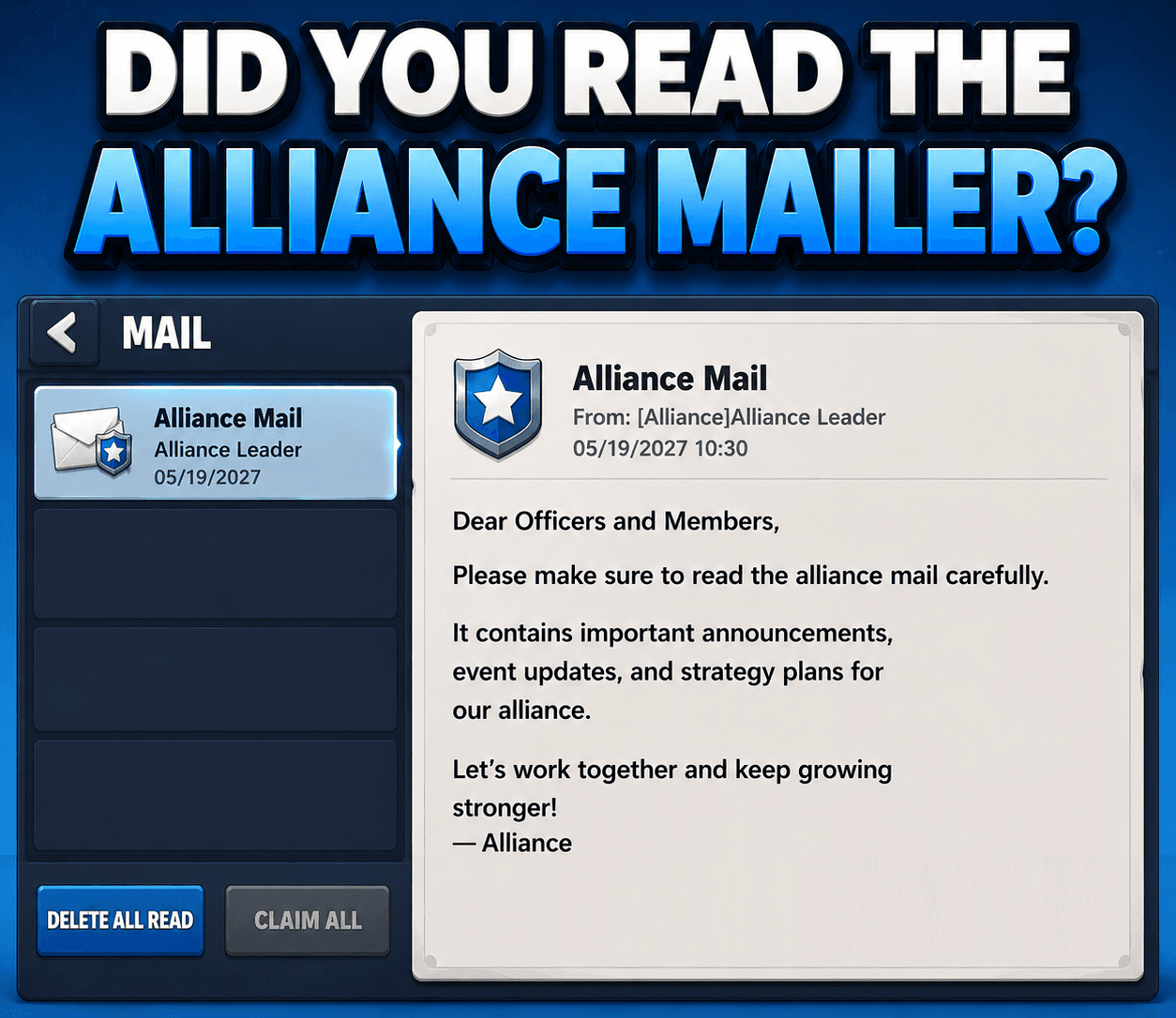 Screenshot of an in-game mail interface with a highlighted message from the Alliance Leader reminding members to read alliance mail for important announcements, event updates, and strategy plans. The header asks, 'Did you read the alliance mailer?'