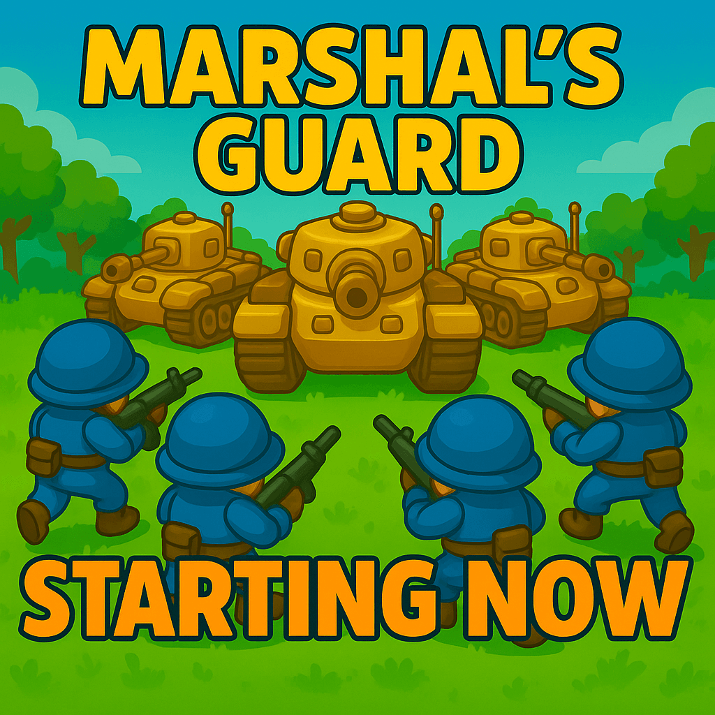 Cartoon-style image showing four blue-uniformed soldiers with rifles facing three large yellow tanks in a grassy, wooded area, with bold yellow text reading 'Marshal's Guard' and 'Starting Now'.