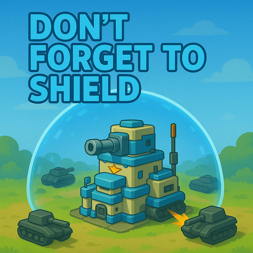 Cartoon-style image of a base or headquarters building protected by a transparent shield bubble, with several tanks positioned around it and some firing. Large text at the top reads 'DON'T FORGET TO SHIELD.'