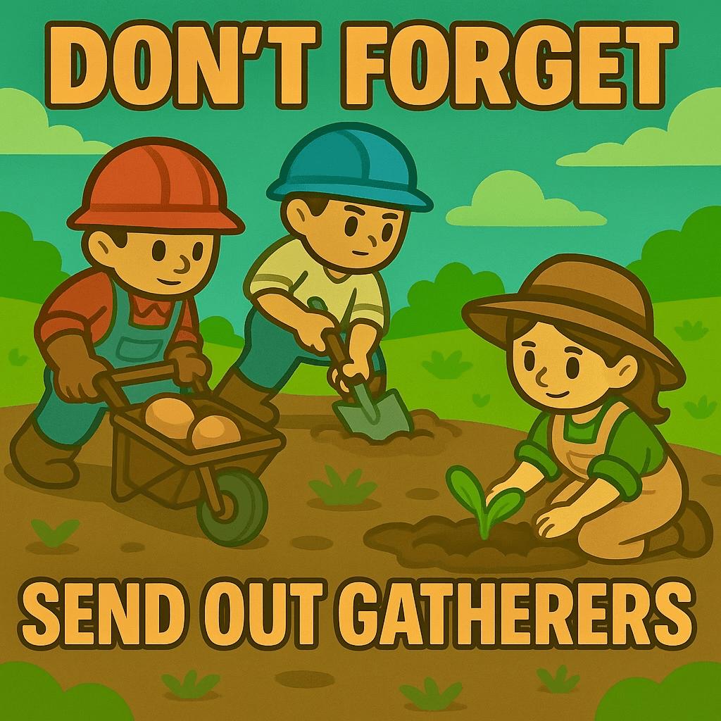 Cartoon-style image showing three characters gathering resources outdoors: one pushing a wheelbarrow with produce, one digging with a shovel, and one planting a seedling, with the text 'DON'T FORGET' at the top and 'SEND OUT GATHERERS' at the bottom.