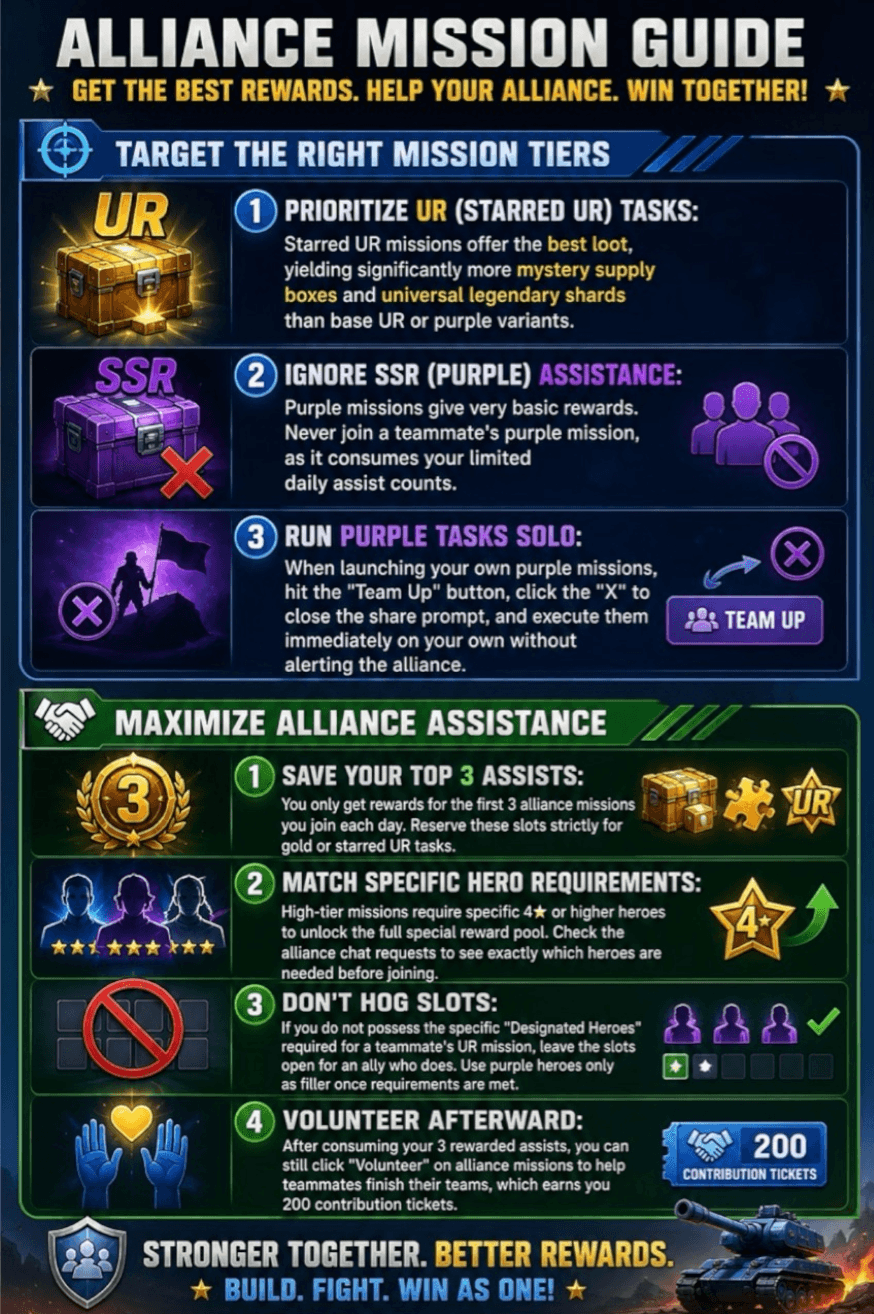 Infographic with step-by-step instructions for Alliance Mission optimization in Last War, highlighting mission tier priorities, assist usage, hero requirements, and teamwork strategies. Includes bold section headers, colored icons for mission tiers (UR, SSR), and bullet-pointed tips for maximizing rewards and alliance contribution.