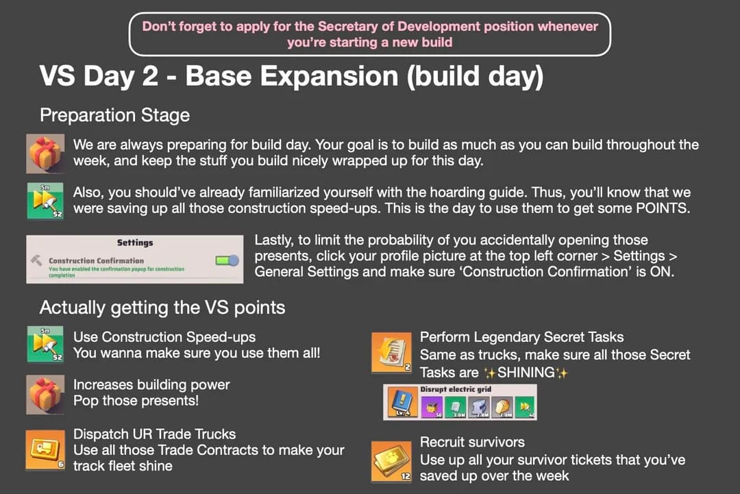 Infographic with a list of strategies and preparation steps for VS Day 2 Base Expansion in Last War: Survival Game. Includes icons for construction, trade trucks, secret tasks, and settings, with text instructions and reminders about resource saving and enabling Construction Confirmation.