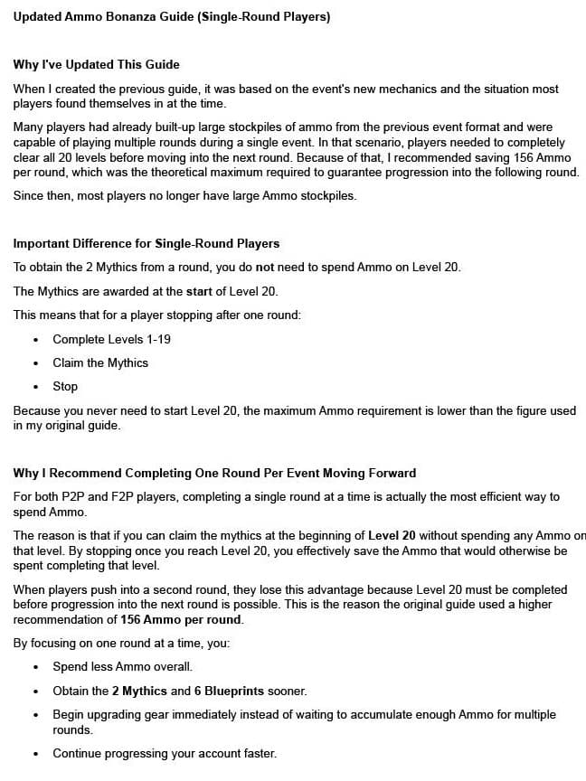 Infographic with text explaining updated Ammo Bonanza event strategy for Last War: Survival Game. Highlights steps for single-round players: complete Levels 1-19, claim mythic rewards at the start of Level 20, and stop to maximize ammo efficiency. Lists benefits of this approach, including faster access to mythics and blueprints.