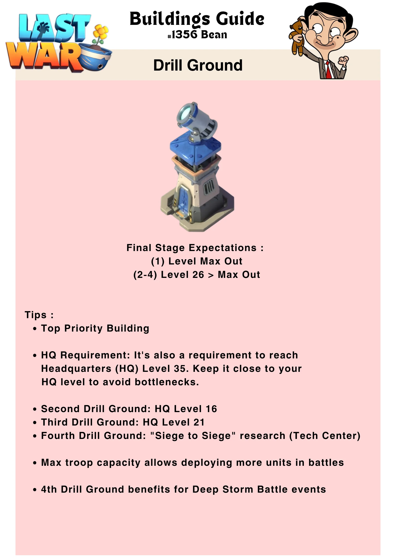 Infographic titled 'Buildings Guide' for the Drill Ground in Last War: Survival Game, listing upgrade expectations, HQ level requirements for unlocking additional Drill Grounds, strategic tips, and benefits such as increased troop capacity and event advantages.