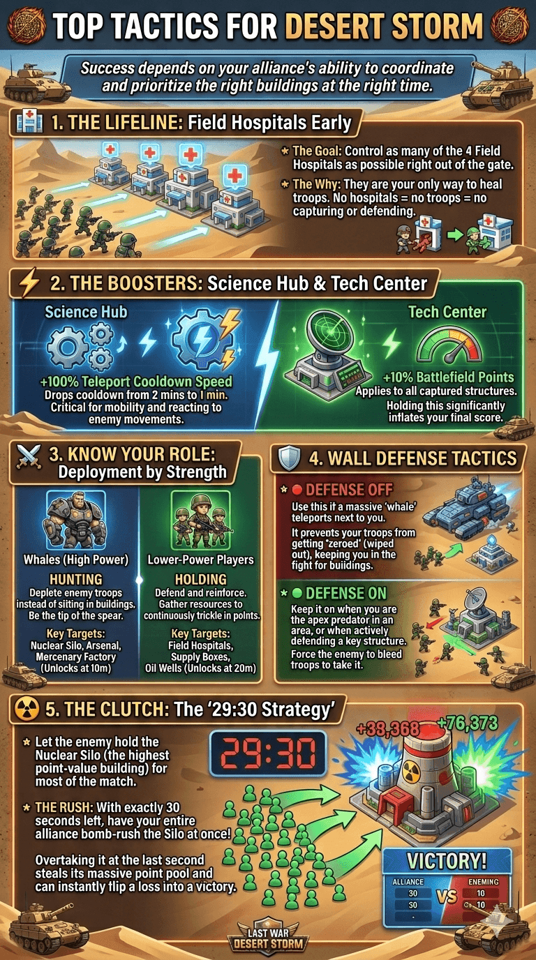 Infographic titled 'Top Tactics for Desert Storm' with five numbered sections, each describing a tactic for the event. Includes icons and highlighted text for Field Hospitals, Science Hub, Tech Center, deployment roles, wall defense, and a last-minute Nuclear Silo strategy. Visual emphasis on alliance coordination and building prioritization.