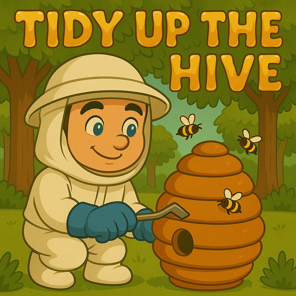 Colorful cartoon image of a beekeeper in a white protective suit and gloves using a hive tool near a beehive, surrounded by bees, with trees in the background and the large text 'TIDY UP THE HIVE' at the top.