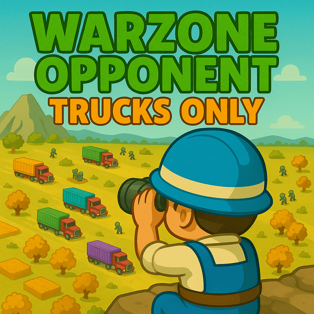 Cartoon-style image showing a character in a blue helmet looking through binoculars at a field with several colorful trucks and small figures, with mountains, trees, and clouds in the background. Large text at the top reads 'WARZONE OPPONENT TRUCKS ONLY.'