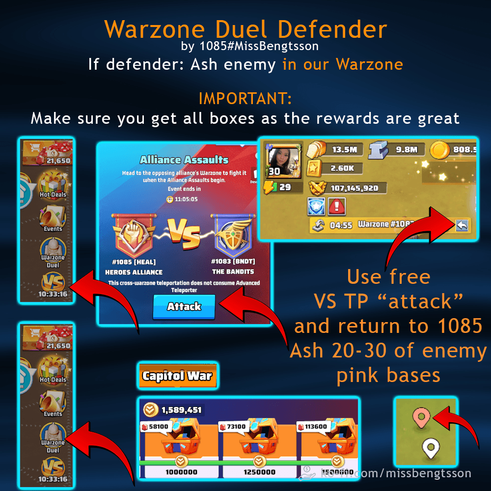 Annotated game screenshots showing the Alliance Assaults event interface, reward milestones, and navigation buttons, with text instructions for defending by attacking enemy bases and collecting all reward boxes.