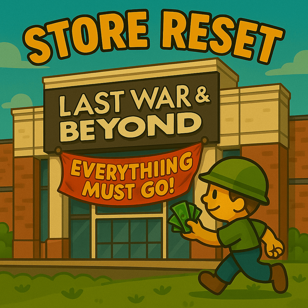 Cartoon storefront with a sign reading 'LAST WAR & BEYOND' and a banner saying 'EVERYTHING MUST GO!'. Large 'STORE RESET' text is at the top, and a character in a helmet holding money walks toward the store.