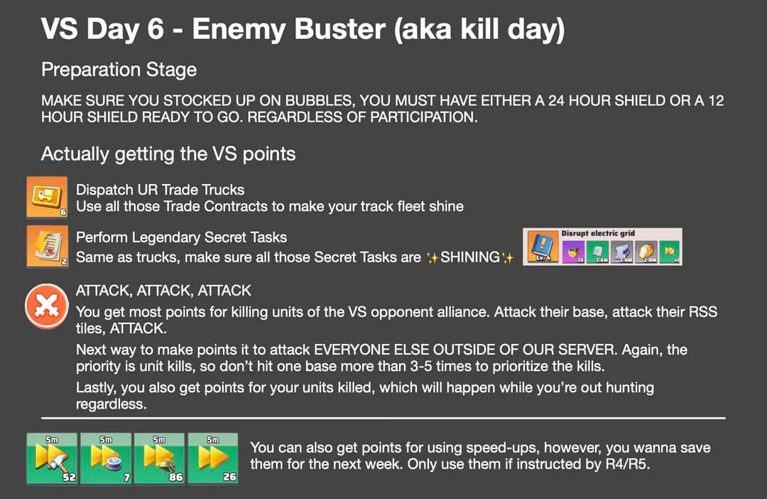 Infographic with text instructions for VS Day 6 (Enemy Buster) in Last War: Survival Game, listing shield preparation, trade truck dispatch, secret task completion, attack priorities, and tips for maximizing event points.