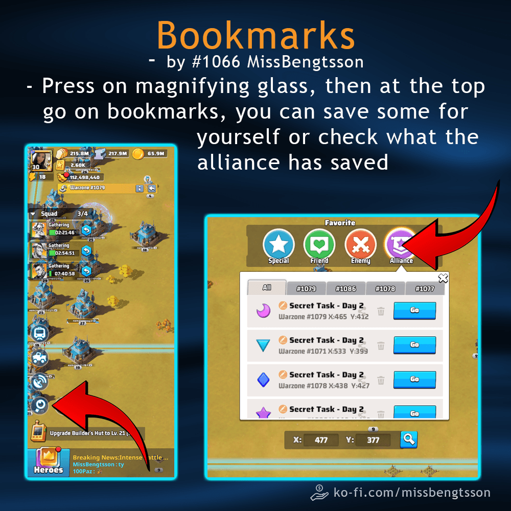 Annotated screenshots of the Last War game interface showing the bookmarks menu, including the magnifying glass icon, bookmark categories (Special, Friend, Enemy, Alliance), and a list of saved bookmarks with coordinates for secret tasks.