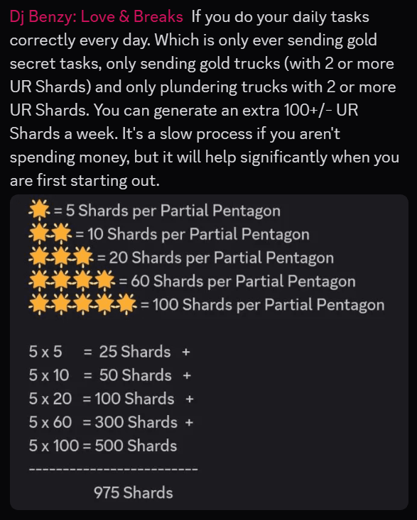 Infographic with text instructions and calculations for earning Ultra Rare (UR) Shards in Last War: Survival Game, showing star-based shard values per Partial Pentagon and a weekly total of 975 shards.