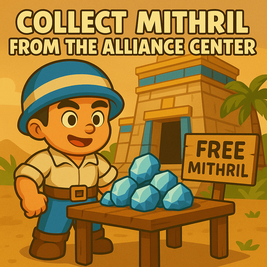 A character stands in front of a stylized building resembling the Alliance Center, next to a table with blue mithril stones and a sign reading 'Free Mithril.'