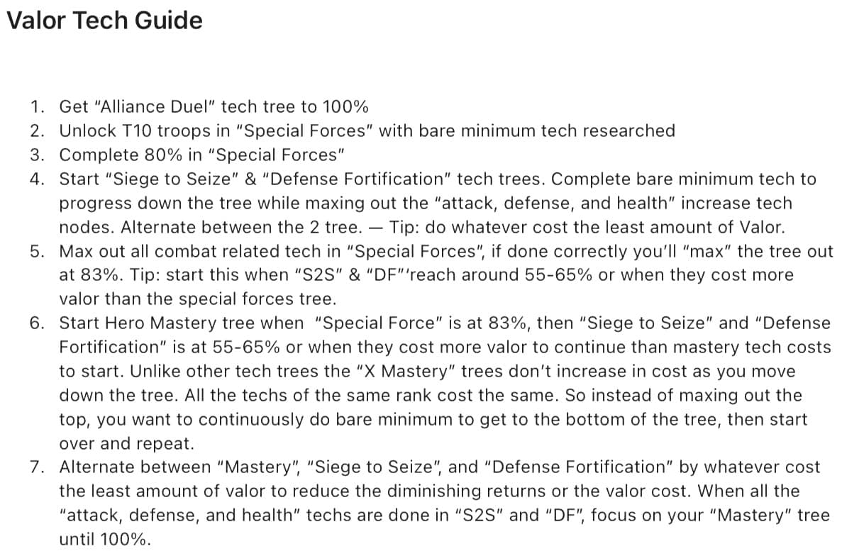 Step-by-step infographic with handwritten notes detailing the optimal order for upgrading valor tech trees in Last War, including Alliance Duel, Special Forces, Siege to Seize, Defense Fortification, and Hero Mastery, with arrows and highlights emphasizing key tech nodes and cost-saving strategies.