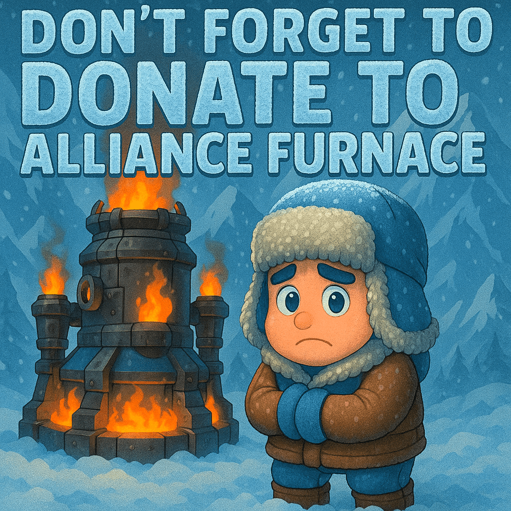 A snowy scene with a large furnace emitting flames and a character bundled in winter clothing standing beside it, accompanied by the text 'DON'T FORGET TO DONATE TO ALLIANCE FURNACE'.