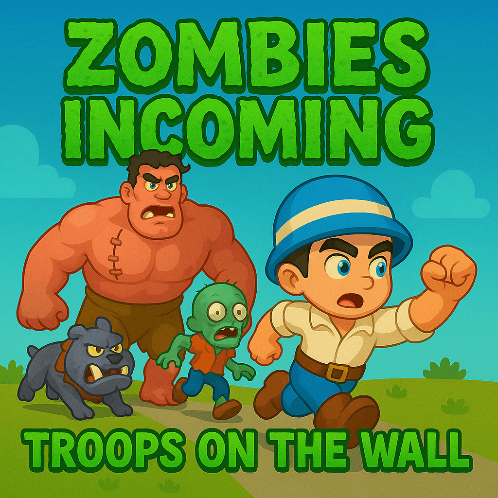 Cartoon illustration of a determined soldier in a blue helmet leading a group, followed by a zombie, a large muscular character, and a fierce dog, with 'ZOMBIES INCOMING' at the top and 'TROOPS ON THE WALL' at the bottom, set outdoors with a blue sky and clouds.