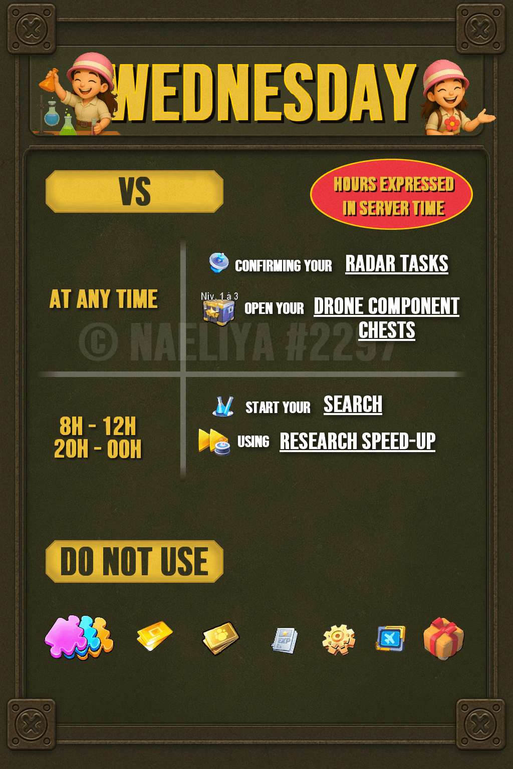 Infographic titled 'WEDNESDAY' with sections for 'AT ANY TIME' and two server time windows (8h-12h, 20h-00h). Lists tasks such as confirming radar tasks and opening drone component chests at any time, and starting searches or using research speed-ups during specified hours. Bottom section displays icons representing items or resources not to use on Wednesday.