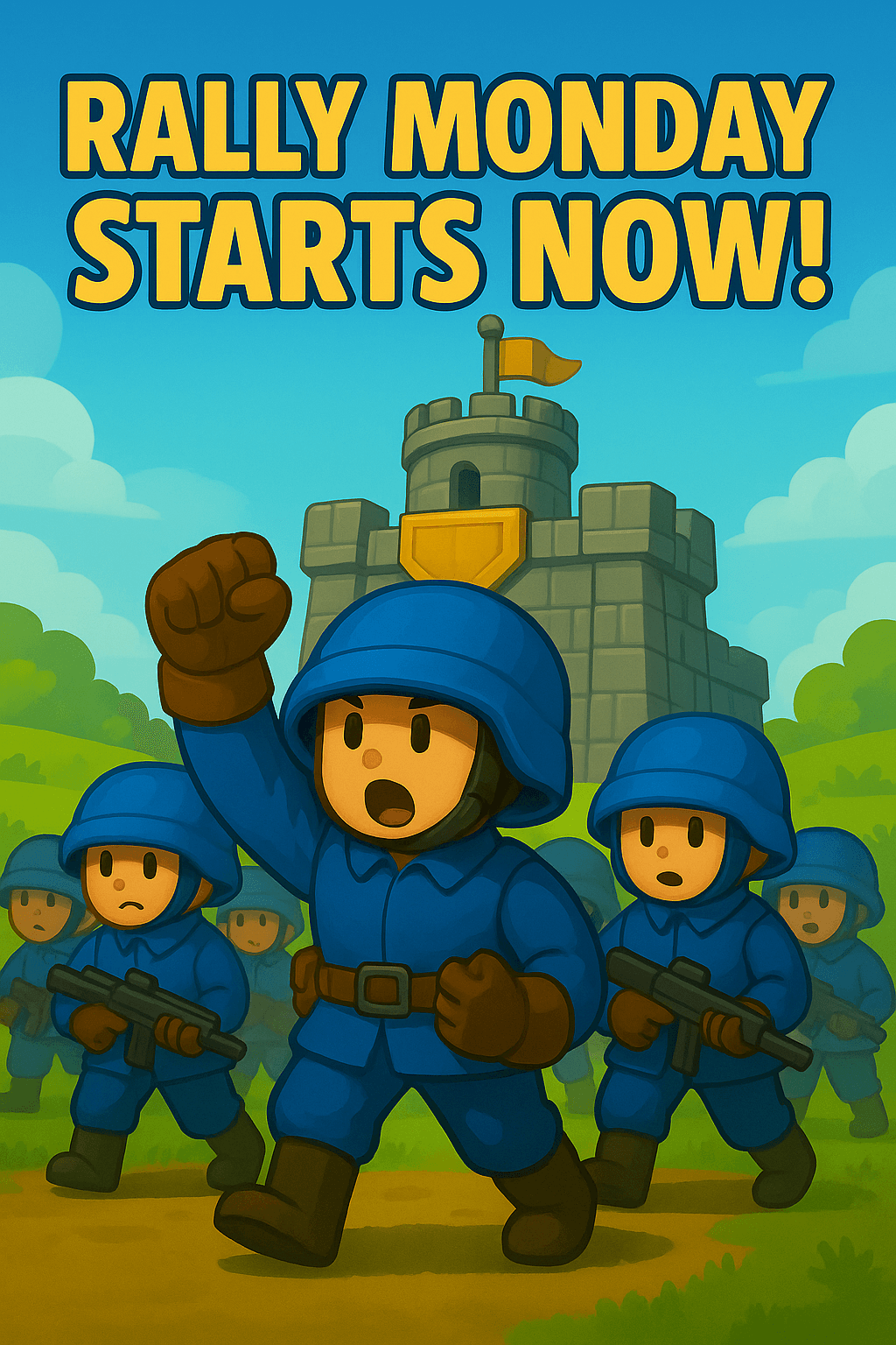 Cartoon-style soldiers in blue uniforms march forward, one raising a fist, in front of a stone fortress with a yellow flag and shield. Large yellow text at the top reads 'RALLY MONDAY STARTS NOW!' with green hills and a blue sky in the background.