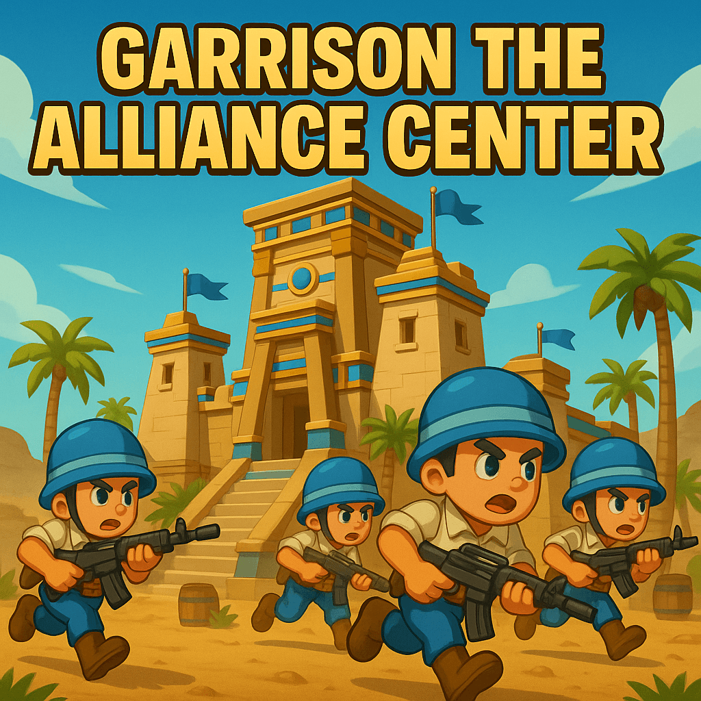 Cartoon-style image of a fortress labeled Alliance Center with four armed soldiers in blue helmets running forward, set in a desert landscape with palm trees. Large bold text at the top reads 'GARRISON THE ALLIANCE CENTER.'