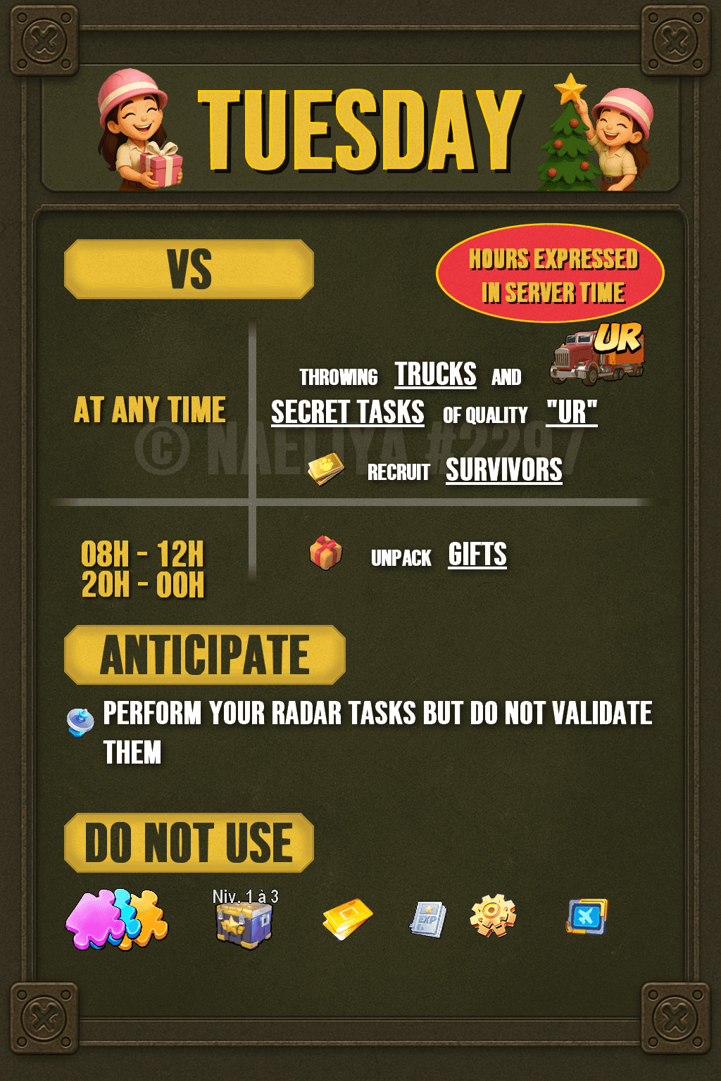Infographic with a Tuesday schedule for Last War: Survival Game, showing recommended times for unpacking gifts (08:00-12:00, 20:00-00:00 server time), actions to take at any time (using trucks and UR secret tasks), advice to perform but not validate radar tasks, and a list of items not to use on Tuesday.