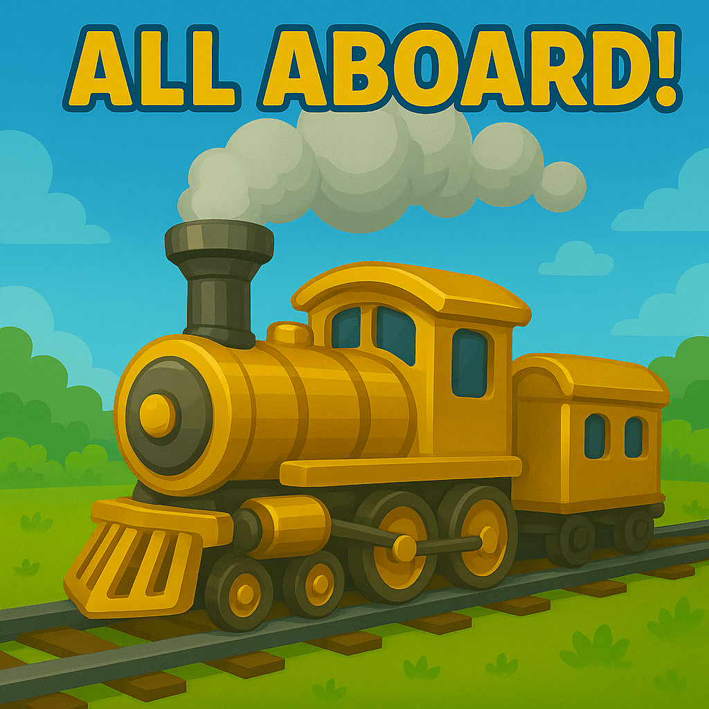 Cartoon-style yellow steam locomotive on train tracks with smoke coming from the smokestack, green bushes and trees in the background, blue sky with clouds, and large yellow text at the top reading 'ALL ABOARD!'.