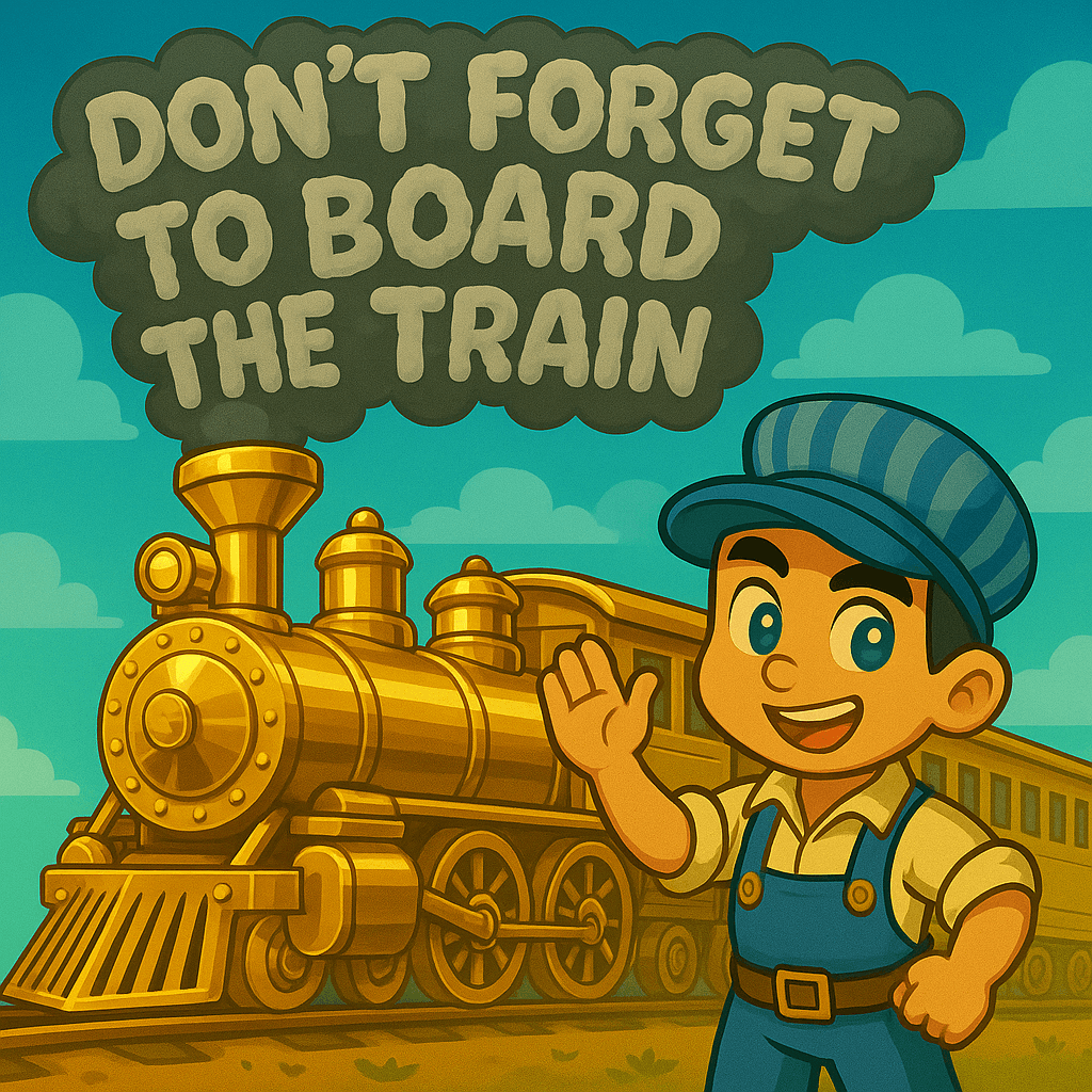 Cartoon image of a smiling train conductor waving in front of a yellow steam locomotive, with large text in a smoke cloud reading 'DON'T FORGET TO BOARD THE TRAIN' against a bright sky background.