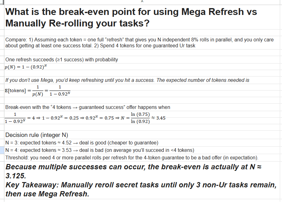 Infographic with probability formulas and calculations comparing Mega Refresh and manual rerolling for secret tasks, including a summary box recommending manual rerolls until only three non-Ur tasks remain.